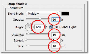 The Drop Shadow options in the Layer Style dialog box in Photoshop. Image © 2011 Photoshop Essentials.com.