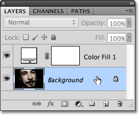 Selecting the Background layer in the Layers panel. Image © 2011 Photoshop Essentials.com.