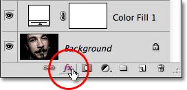 Clicking the Layer styles icon in the Layers panel in Photoshop. Image © 2011 Photoshop Essentials.com.