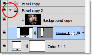 Opening the layer group and selecting the shape layer inside. Image © 2011 Photoshop Essentials.com.