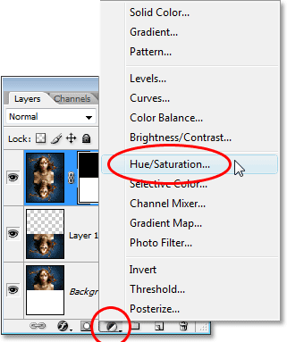 Selecting a Hue/Saturation adjustment layer.