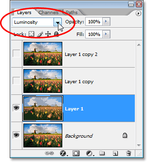 Changing the blend mode of 'Layer 1' from 'Normal' to 'Luminosity'.