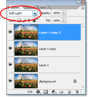 Changing the blend mode of the top layer to 'Soft Light'.