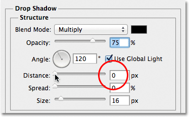 Menurunkan Jarak dari drop shadow untuk 0 px. Image © 2012 Photoshop Essentials.com.