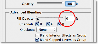 Menurunkan pilihan Fill Opacity menjadi 0% pada kotak dialog Layer Style. Image © 2012 Photoshop Essentials.com.