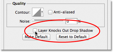 Menonaktifkan Layer mengetuk Out opsi Drop Shadow. Image © 2012 Photoshop Essentials.com.