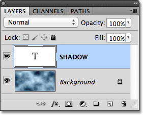 Panel Layers di Photoshop menunjukkan Type lapisan di atas layer Background. Image © 2012 Photoshop Essentials.com.