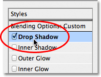 Beralih kembali ke pilihan Drop Shadow pada kotak dialog Layer Styles. Image © 2012 Photoshop Essentials.com.