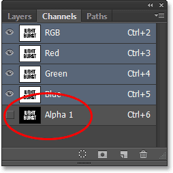Sebuah Alpha baru 1 saluran muncul di panel Channels. Image © 2013 Photoshop Essentials.com