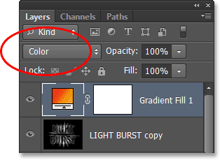 Mengubah modus campuran Gradient Isi lapisan ke Color. Image © 2013 Photoshop Essentials.com