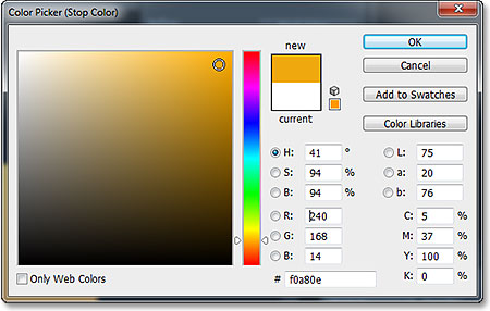 Memilih warna gradien baru kedua dari Color Picker. Image © 2013 Photoshop Essentials.com