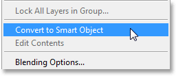 Memilih Convert perintah Smart Object. Image © 2013 Photoshop Essentials.com