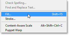 Selecting the Fill command from the Edit menu. Image © 2013 Photoshop Essentials.com