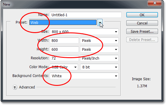 The New Document dialog box in Photoshop CS6. Image © 2013 Photoshop Essentials.com