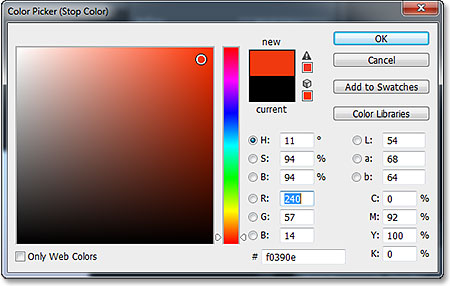 Memilih warna gradien baru dari Color Picker. Image © 2013 Photoshop Essentials.com