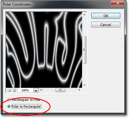 Selecting the Polar to Rectangular option for the Polar Coordinates filter. Image © 2013 Photoshop Essentials.com