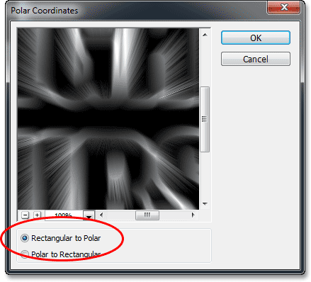 Selecting Rectangular to Polar in the Polar Coordinates filter dialog box. Image © 2013 Photoshop Essentials.com