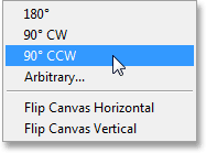 اختيار استدارة 90 درجة القيادة CCW ضمن القائمة صورة.  صورة © 2013 فوتوشوب Essentials.com