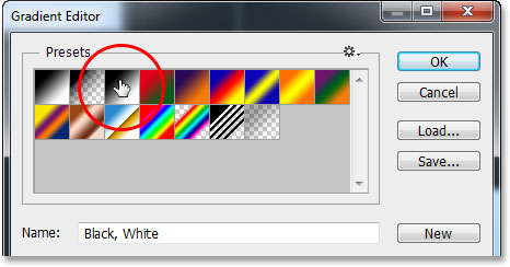 Memilih Hitam, Putih gradien dari Gradient Editor di Photoshop. Image © 2013 Photoshop Essentials.com