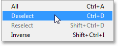 Choosing the Deselect command from under the Select menu. Image © 2013 Photoshop Essentials.com