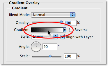 The Gradient Overlay options in the Layer Style dialog box. Image © 2009 Photoshop Essentials.com.