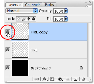 Mengklik lapisan visibilitas 'bola mata' ikon di palet Layers di Photoshop. Image © 2009 Photoshop Essentials.com.