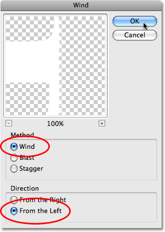 The Wind Filter kotak dialog di Photoshop. Image © 2009 Photoshop Essentials.com.