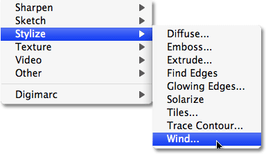 Memilih filter angin di Photoshop. Image © 2009 Photoshop Essentials.com.