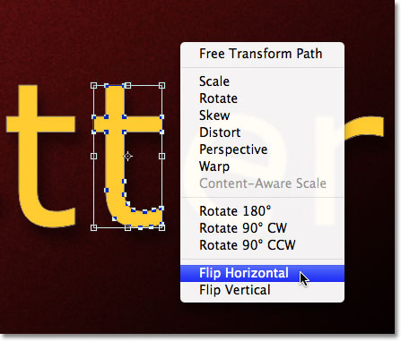 Memilih Horizontal Balik dari menu kontekstual. Gambar © 2011 Photoshop Essentials.com.