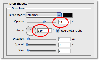 Les options d'ombre portée dans la boîte de dialogue Style de calque dans Photoshop. Images © 2008 Photoshop Essentials.com.