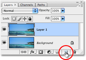 Ikon New Layer di bagian bawah palet Layers di Photoshop. Gambar © 2008 Photoshop Essentials.com.