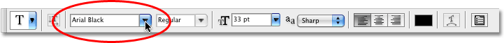 The Options Bar in Photoshop showing the options for the Type Tool. Image © 2008 Photoshop Essentials.com.