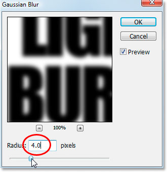 Photoshop Efectos de texto: Cuadro de diálogo de filtro Gaussian Blur de Photoshop