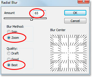 Photoshop Text Effects: Photoshop's Radial Blur dialog box