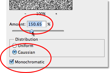 The Add Noise filter options in Photoshop. Image © 2010 Photoshop Essentials.com.