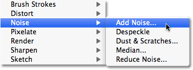 Selecting the Add Noise command in Photoshop. Image © 2010 Photoshop Essentials.com.