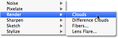 Selecting the Clouds filter in Photoshop. Image © 2010 Photoshop Essentials.com.