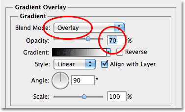 В Gradient Overlay Параметры стиля слоя. Image © 2010 Photoshop Essentials.com.