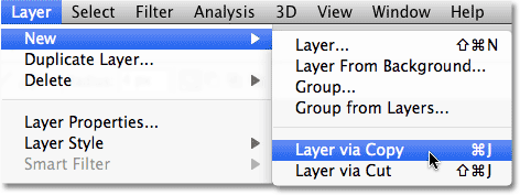 Pergi ke Layer, New, Layer via Copy. Image © 2010 Photoshop Essentials.com.