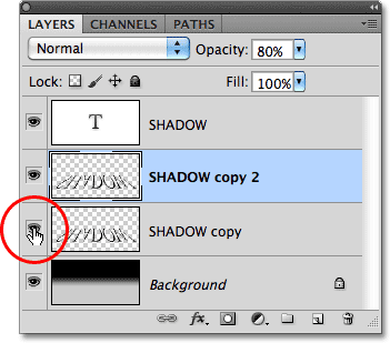 Mengklik ikon visibilitas lapisan dalam panel Layers. Image © 2010 Photoshop Essentials.com.