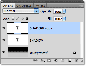 Salinan layer teks muncul di panel Layers. Image © 2010 Photoshop Essentials.com.