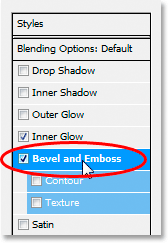 Adobe Photoshop Text Effects: Clicking on the words 'Bevel and Emboss' in the Layer Style dialog box.