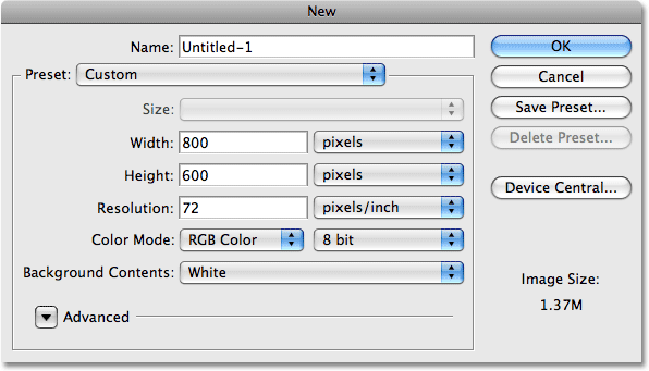 Dokumen Baru kotak dialog di Photoshop. Image © 2009 Photoshop Essentials.com.