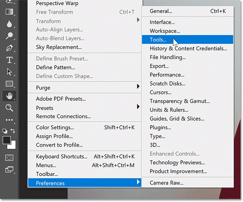 Opening the Tools preferences in Photoshop.