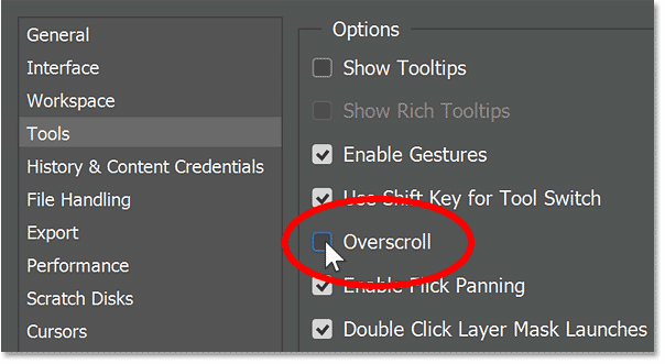 Turning off Overscroll in Photoshop.