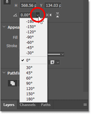 The preset angles for the custom shape's rotation in Photoshop's Properties panel