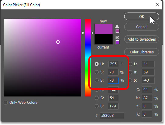 Choosing a fill color for the shape from the Color Picker in Photoshop