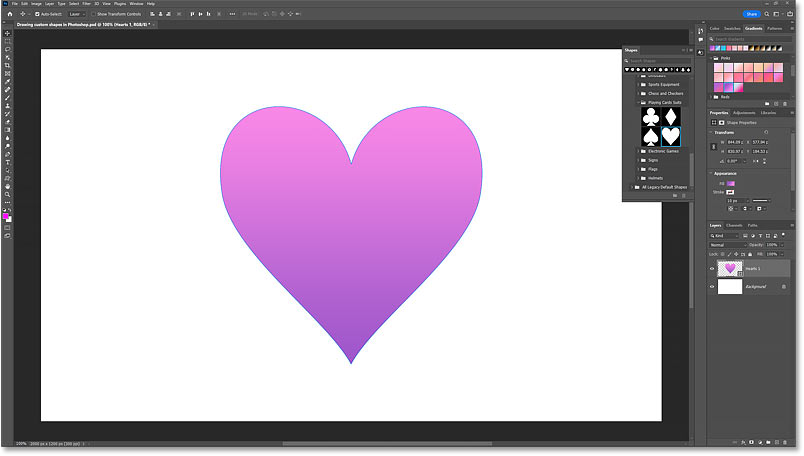 The custom shape is filled with the gradient preset