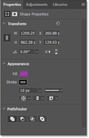 The fill, stroke and other shape options in Photoshop's Properties panel.