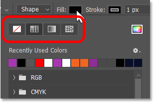 The No Color, Solid Color preset, Gradient preset and Pattern preset fill options for the shape.